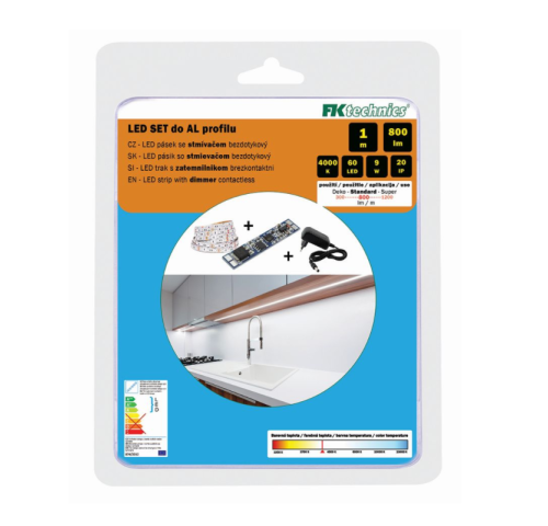 Sada LED pásku 1m s bezdotykovým stmívačem do AL profilu, 800Lm/m, 9W/m, bílá 4000K  