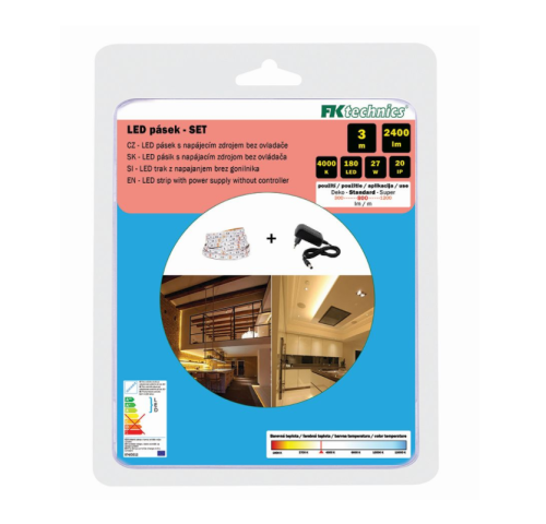 Sada LED pásku 3m vč. adaptéru, 800Lm/m, 9W/m, bílá 4000K 