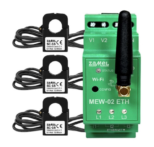 MEW-02 ETH/SC-16 - Oboustranné nepřímé měření spotřeby elektřiny s Wi-Fi a přes internet, 3 fáze, 100 A