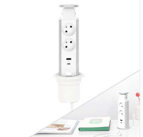 Přípojný zásuvkový sloupek pro desku stolu 2x 230V + USB A 18W + USB C 30W, pr. 60 mm