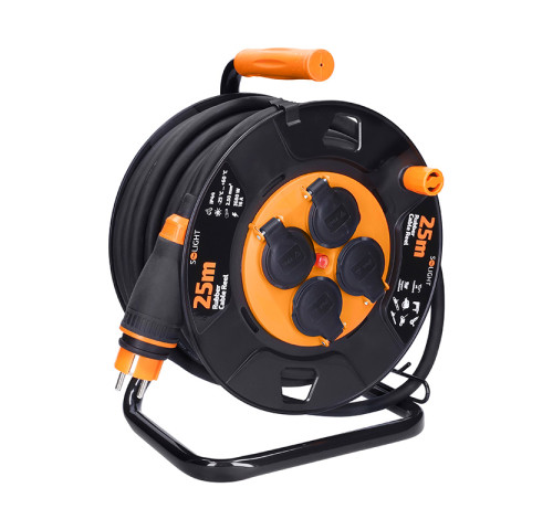 Solight prodlužovací přívod - na bubnu, 4 zásuvky, 25m kabel guma-neopren, 3x 2,5mm2, IP44