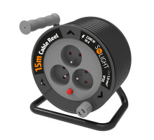 Solight prodlužovací přívod na bubnu 15m, 3 zásuvky, černý kabel, 3x 1,0mm2