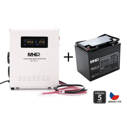 Záložní zdroj MHPower WPU-300-12, UPS, 300W, čistý sinus, 12V SET s baterií 33Ah