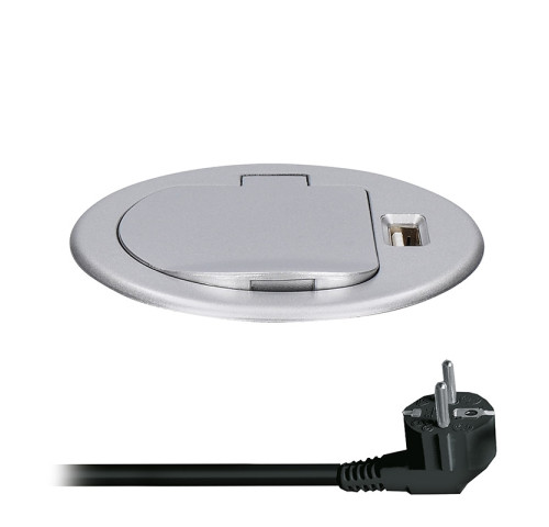 Solight USB vestavná zásuvka s víčkem, 1 zásuvka, plast, délka 1,5m, 3x 1mm2, USB 2100mA, stříbrná Solight USB vestavná zásuvka s víčkem, 1 zásuvka, plast, délka 1,5m, 3x 1mm2, USB 2100mA, stříbrná