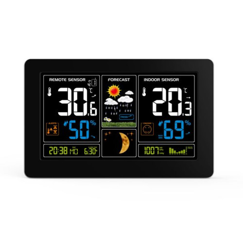 Solight meteostanice, extra velký barevný LCD, teplota, vlhkost, tlak, RCC, USb nabíjení, černá