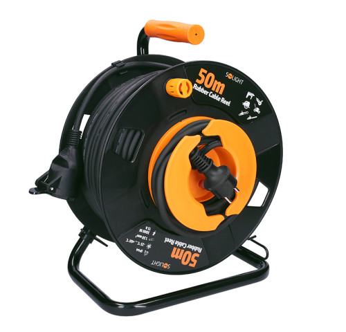 Solight prodlužovací přívod na bubnu, 1 zásuvka, venkovní, 50m gumový kabel, 3x 1,5mm2, IP44