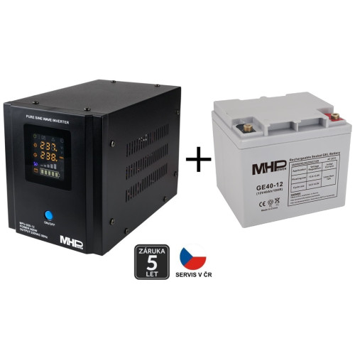 Záložní zdroj MHPower MPU-500-12, UPS, 500W, čistý sinus, 12V SET s Gelovou baterií 40Ah