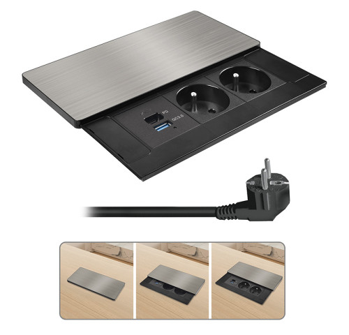 Solight vestavný blok zásuvek s posuvným krytem, 2 zásuvky, USB A+C 20W PD, 2m, stříbrný Solight vestavný blok zásuvek s posuvným krytem, 2 zásuvky, USB A+C 20W PD, 2m, stříbrný