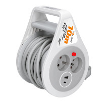 Solight prodlužovací přívod na bubnu 10m, USB A+C, 2 zásuvky, šedý kabel, 3x 1,0mm2
