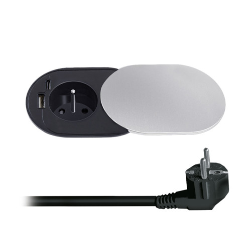 Solight vestavná zásuvka s posuvným víčkem, USB A+C nabíječka, 2m, stříbrná