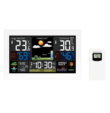 Solight meteostanice, extra velký barevný LCD, teplota, vlhkost, tlak, RCC, USB nabíjení, bílá