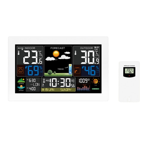 Solight meteostanice, extra velký barevný LCD, teplota, vlhkost, tlak, RCC, USB nabíjení, bílá