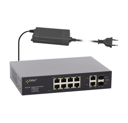 SFG108-90W 12portový switch – 8x PoE 1Gbps + 2x uplink RJ45 1Gbps + 2x uplink SFP…
