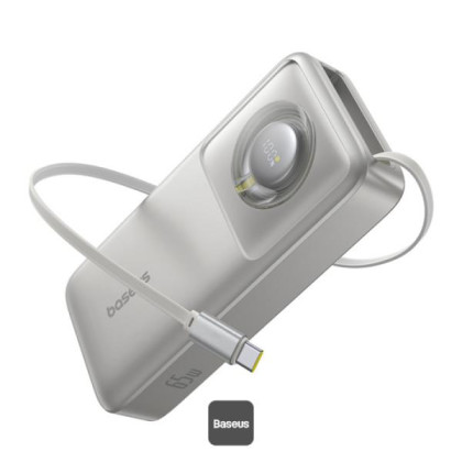 Powerbanka Baseus Free2Pull 20000mAh, 65W, s kabelem USB-C bílá