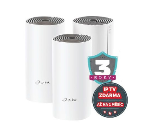WiFi router TP-Link Deco E4(3-pack) 2x LAN/ 300Mbps 2,4GHz/ 867Mbps 5GHz, poškozený obal WiFi router TP-Link Deco E4(3-pack) 2x LAN/ 300Mbps 2,4GHz/ 867Mbps 5GHz, poškozený obal