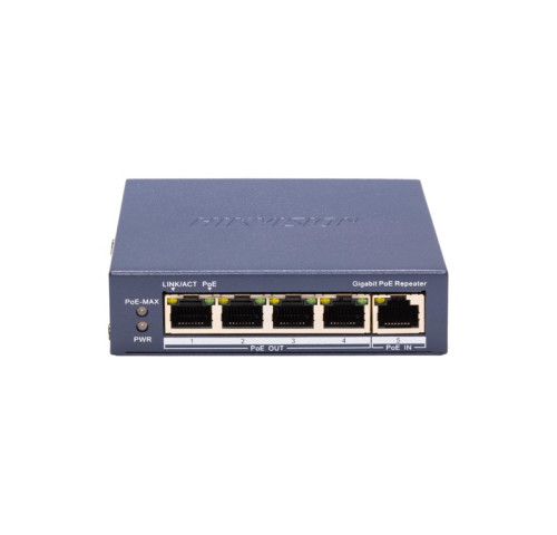 DS-3E0505P-E/R LAN a PoE extender, 1x RJ-45 vstup, 4x RJ-45 výstup, LAN 1Gbps, vstup PoE…