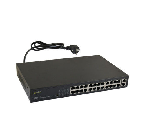 S124 24 portový switch – 24x PoE 30W 100Mbps + 2x uplink 1Gbps, PoE celkem max.…