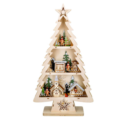 Solight LED dřevěný vánoční stromek s dekoracemi, 13x LED, přírodní dřevo, 53cm, 2x AA