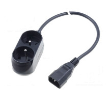 Prodlužovací kabel pro UPS 2 zásuvky (z C14 IEC320 na 2 CEE 7/5 FR, CZ zásuvky) max.10A, délka 30 cm, černý
