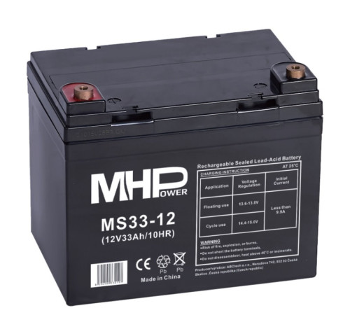 MHPower MS33-12 - POUŽITÉ z VÝSTAVY, olověný akumulátor AGM 12V/33Ah, Terminál L2 - 6,4 MHPower MS33-12 - POUŽITÉ z VÝSTAVY, olověný akumulátor AGM 12V/33Ah, Terminál L2 - 6,4