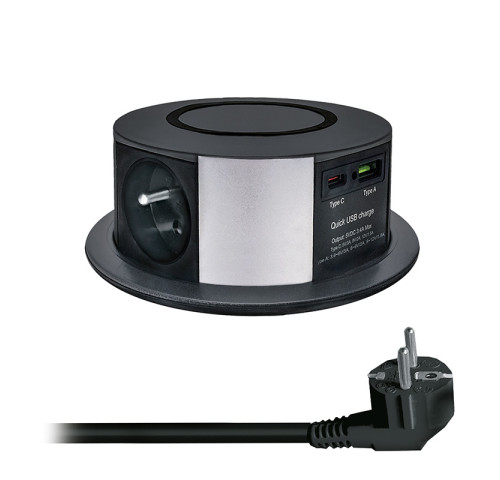 Solight 3z + USB A+C 20W PD, Wireless 10W, výsuvný blok zásuvek, 2m, černý Solight 3z + USB A+C 20W PD, Wireless 10W, výsuvný blok zásuvek, 2m, černý