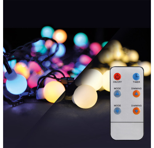 Solight LED 2v1 venkovní vánoční řetěz, koule, dálkový ovladač, 100LED, RGB+bílá, 10m+5m, 8 funkcí, IP44 Solight LED 2v1 venkovní vánoční řetěz, koule, dálkový ovladač, 100LED, RGB+bílá, 10m+5m, 8 funkcí, IP44