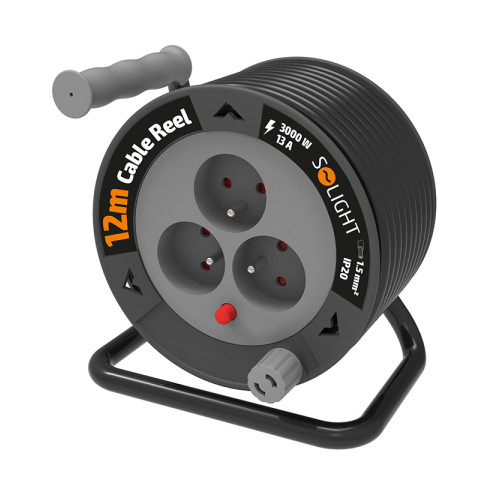 Solight prodlužovací přívod na bubnu 12m, 3 zásuvky, černý kabel, 3x 1,5mm2