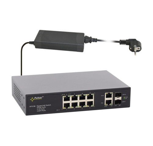 SFG108 12 portový switch – 8x PoE 30W 1Gbps + 2x uplink RJ-45 1Gbps + 2x uplink…