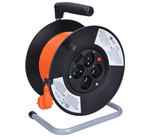 Solight prodlužovací přívod na bubnu, 4 zásuvky, 25m, oranžový kabel, 3x 1,5mm2