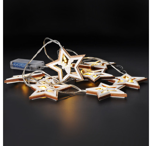 Solight LED vánoční řetěz hvězdy, 10x LED, dřevo, 1,5m, 2x AA Solight LED vánoční řetěz hvězdy, 10x LED, dřevo, 1,5m, 2x AA