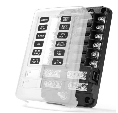 Distribuční blok - 12 pojistek, kladný i záporný pól /pojistkový držák/