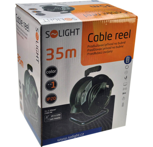Solight prodlužovací přívod na bubnu, černý kabel, černý buben, 35m Solight prodlužovací přívod na bubnu, černý kabel, černý buben, 35m