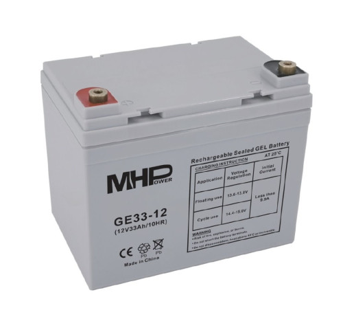 MHPower GE33-12 - LEHCE POŠKOZENÉ, Gelový akumulátor 12V/33Ah, Terminál T2 - M6, Deep Cycle