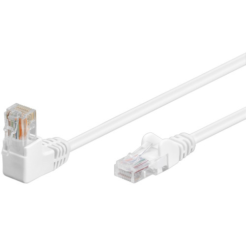 Patch kabel 1x 90° zahnutý konektor, Cat5e, UTP, bílý, 3m
