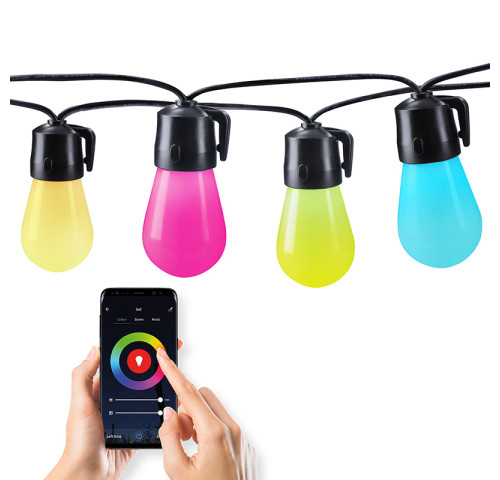 Solight LED smart venkovní řetěz s RGB žárovkami, bluetooth, 15 žárovek, 14m+6m, 10W