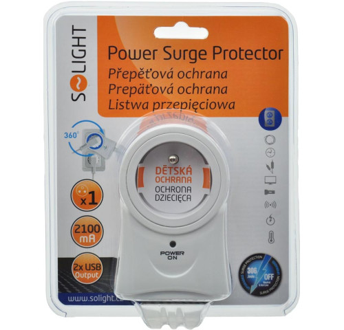 Solight přepěťová ochrana do zásuvky, 306J, 1 zásuvka, otočná o 360°, 2x USB výstup Solight přepěťová ochrana do zásuvky, 306J, 1 zásuvka, otočná o 360°, 2x USB výstup