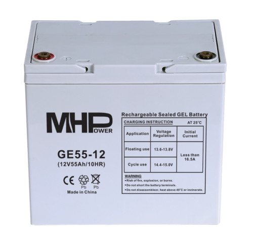 MHPower GE55-12 Gelový akumulátor 12V/55Ah, Terminál T1 - M6, Deep Cycle