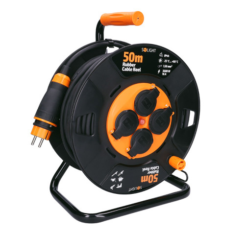 Solight prodlužovací přívod na bubnu, 4 zásuvky, venkovní, 50m gumový kabel, 3x 1,5mm2, IP44 Solight prodlužovací přívod na bubnu, 4 zásuvky, venkovní, 50m gumový kabel, 3x 1,5mm2, IP44