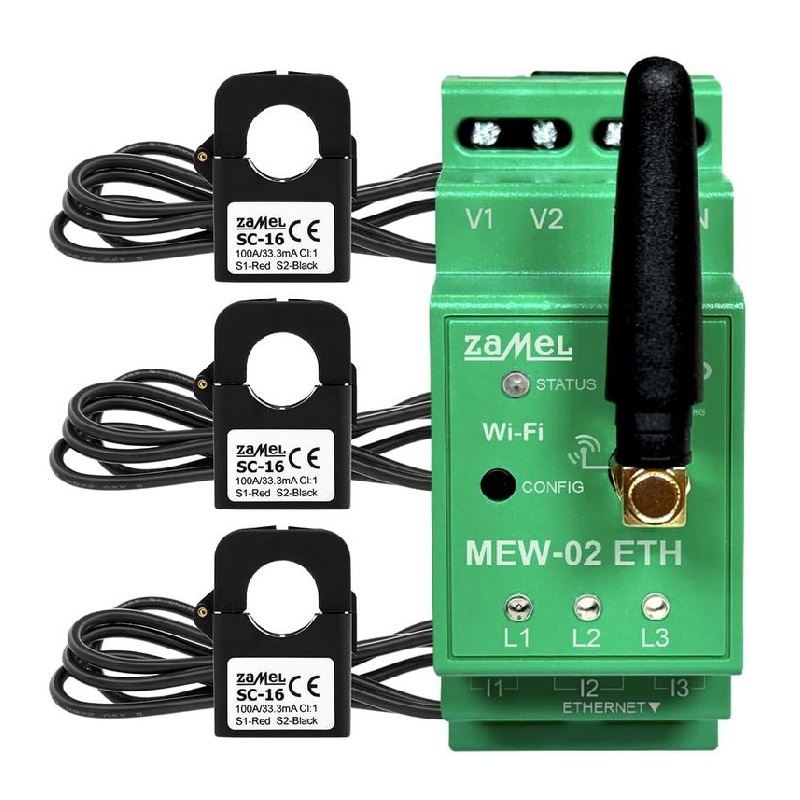 MEW-02 ETH/SC-16 - Oboustranné nepřímé měření spotřeby elektřiny s Wi-Fi a přes internet, 3 fáze, 100 A