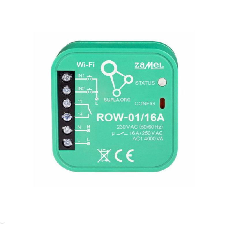 ROW-01/16 A - Wi-Fi 1x16 A spínací modul světel a el. zásuvek, SUPLA, 2 vstupy