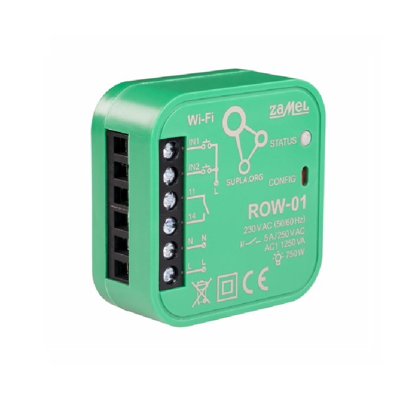 ROW-01 - Wi-Fi spínací 1x5 A modul světel a el. zásuvek, SUPLA, 2 vstupy