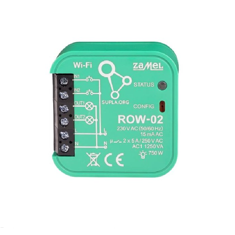 ROW-02 - Wi-Fi spínací 2x5A modul světel a el. zásuvek, SUPLA, 2 vstupy, 2 výstupy