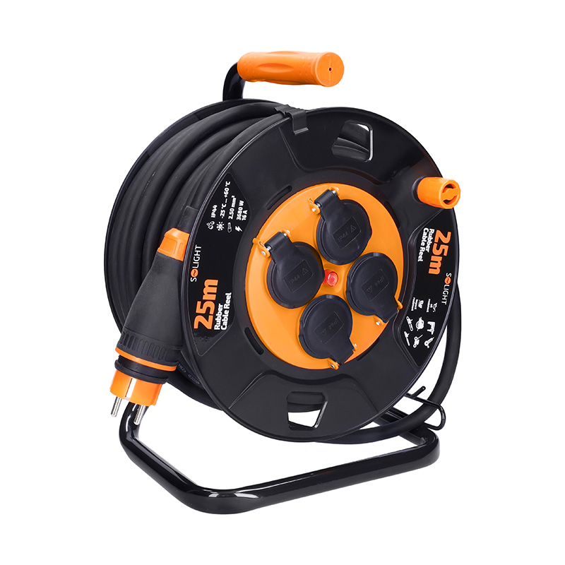 Solight prodlužovací přívod - na bubnu, 4 zásuvky, 25m kabel guma-neopren, 3x 2,5mm2, IP44