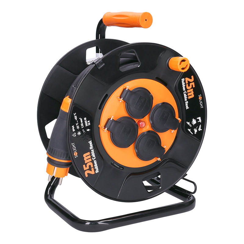 Solight prodlužovací přívod - na bubnu, 4 zásuvky, 25m kabel guma, 3x 1,5mm2, IP44