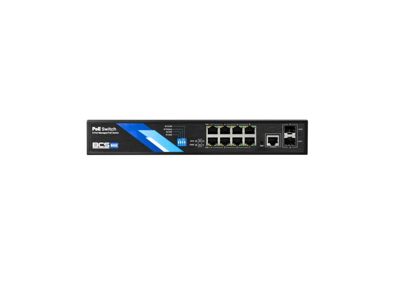 BCS-B-SP08G-2SFP-M 8portový PoE switch, řízený, 8× PoE 1000 Mbps, 2× SFP Gigabit, 1× RJ45 pro…