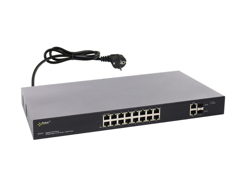 SFG116 16portový switch – 16x PoE 1Gbps + 2x uplink RJ45 1Gbps + 2x uplink SFP…