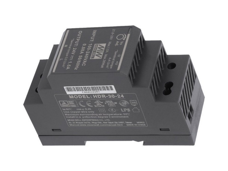 HDR-30-24 Napájecí zdroj, 24VDC - 30W, montáž na DIN lištu.