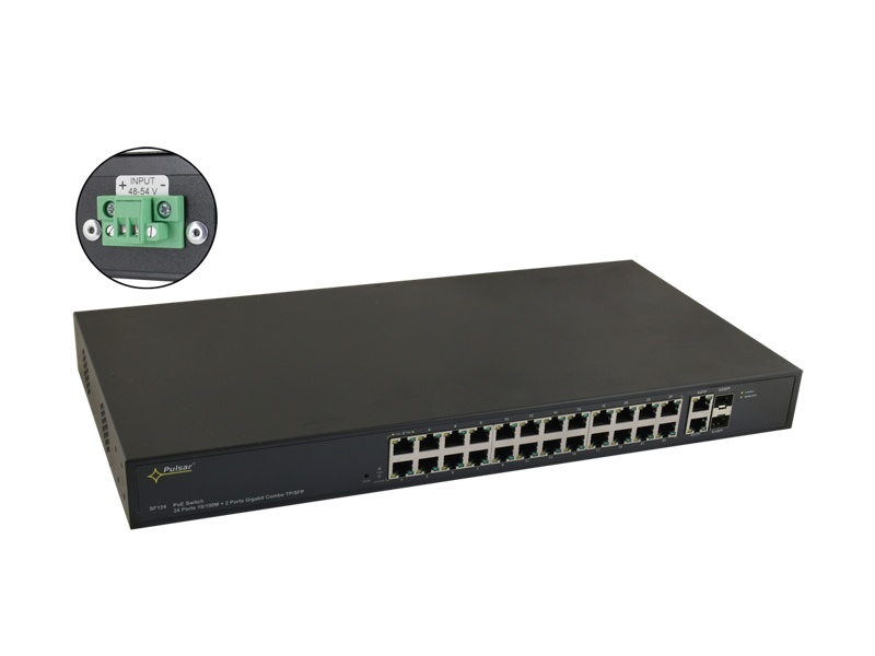 SF124WP 24 portový switch – 24x PoE 30W 100Mbps + 2x uplink combo 1Gbps (RJ-45…