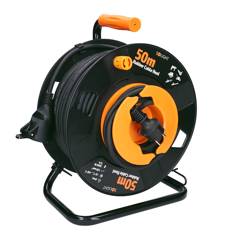 Solight prodlužovací přívod na bubnu, 1 zásuvka, venkovní, 50m gumový kabel, 3x 1,5mm2, IP44