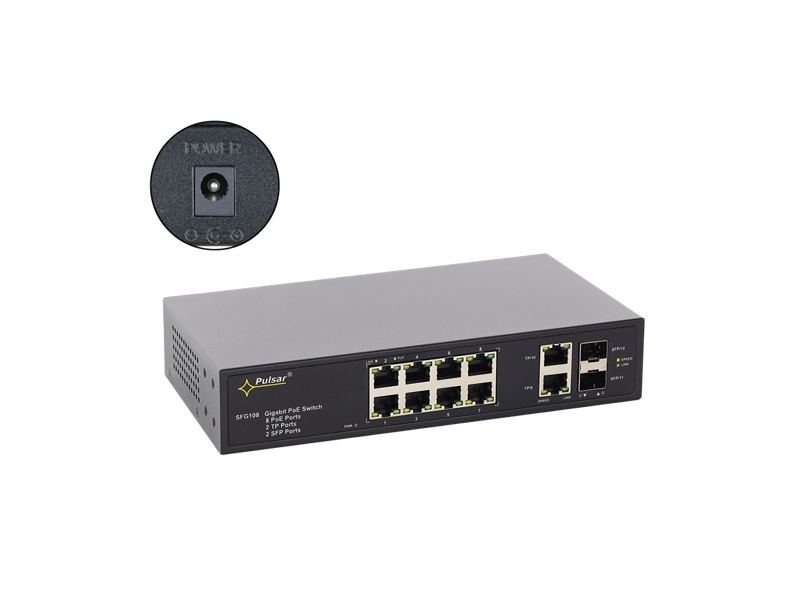 SFG108WP 12 portový switch – 8x PoE 30W 1Gbps + 2x uplink RJ-45 1Gbps + 2x uplink…